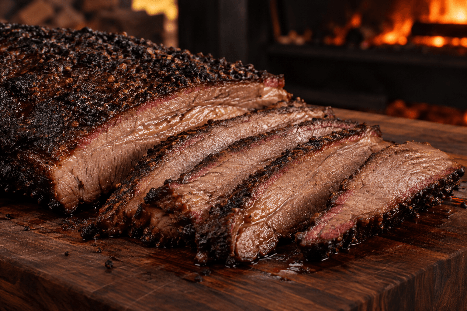 Sliced pit-smoked brisket